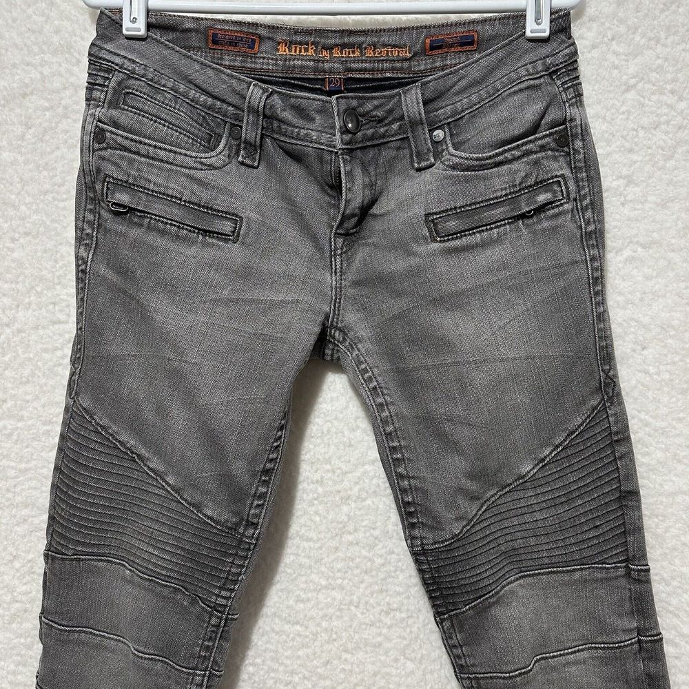 Y2K VTG Rock Revival Women's Skinny Moto Jeans in Gray Wash - Picture 4 of 16